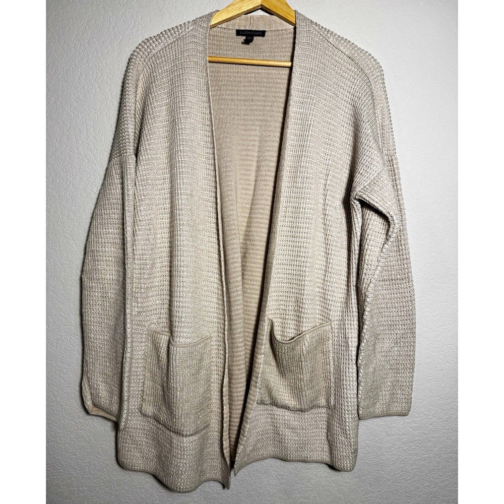 Eileen Fisher Beige Waffle Knit Cardigan Sweater w/ Pockets L organic cotton